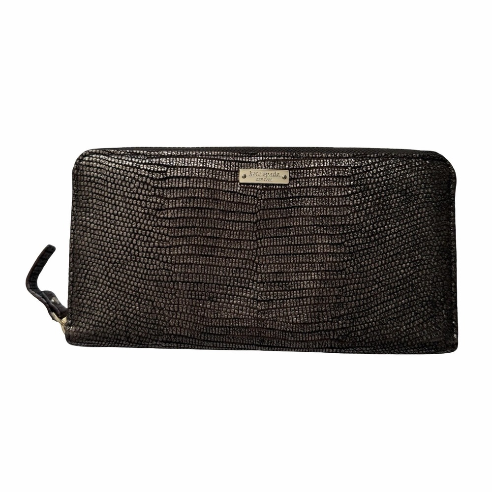Kate Spade Snakeskin‎ Embossed Leather Metallic Zip Large Wallet in Brown/Gold